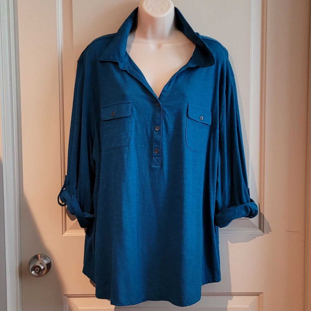 Faded Glory Turquoise pullover stretch top breast pockets roll tab sleeves